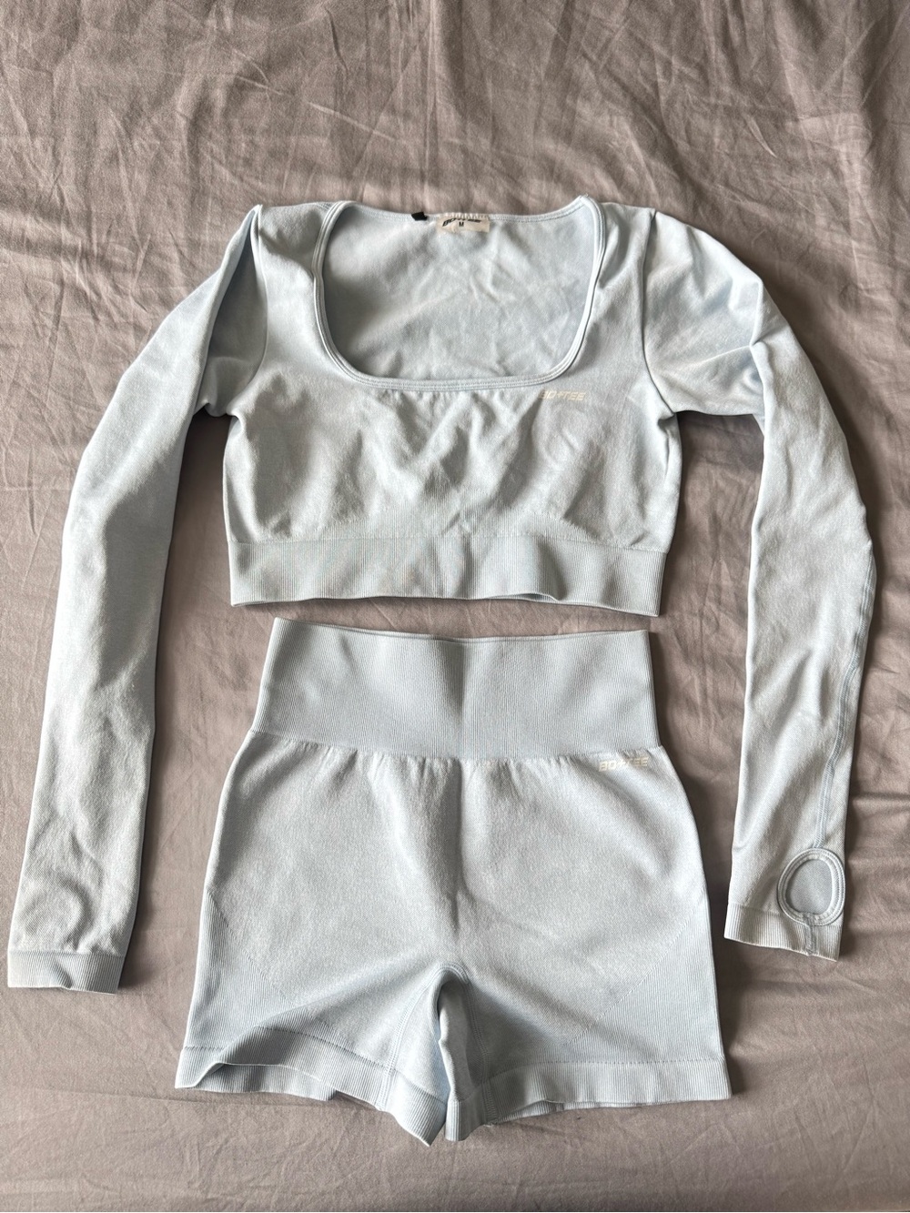 Light Blue Long Sleeve Crop Top & High-Waist Shorts Set